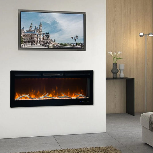 Wall-mounted electric fireplace in a hotel room.