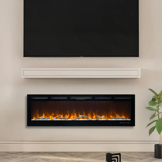 Modern living room with electric fireplace creating a cozy atmosphere, with built-in TV above it.