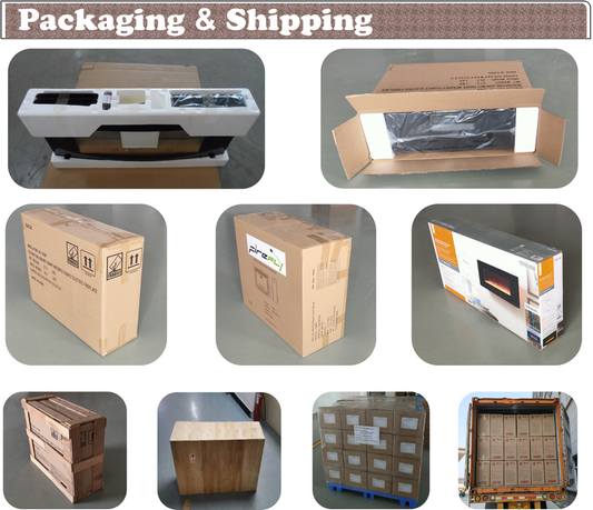 Electric fireplace packaging overview: inner foam, carton box, pallet stack, and container loading”