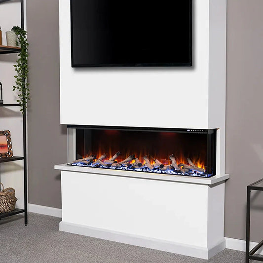 3-sided electric fireplace in cozy showroom setting