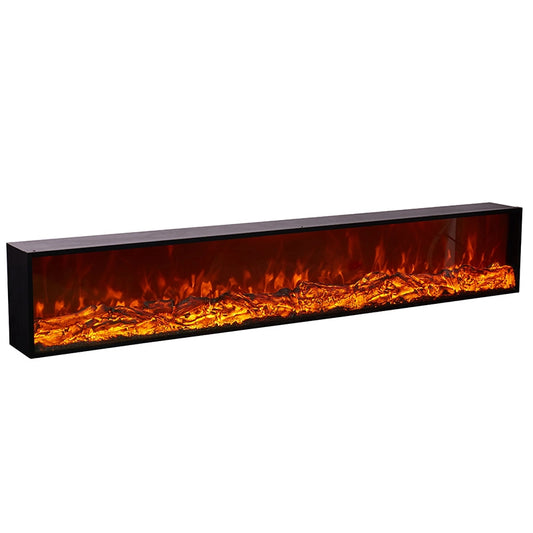 Long rectangular electric fireplace insert with glowing orange flames on a white background