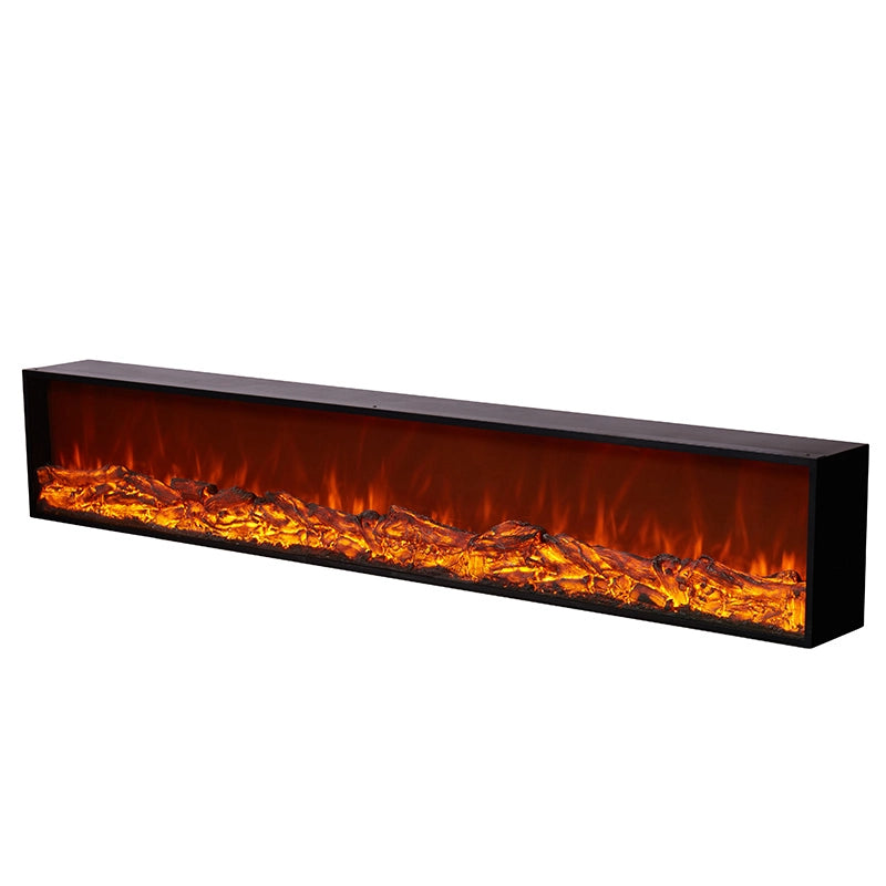 Rectangular electric fireplace with glowing embers on a white background