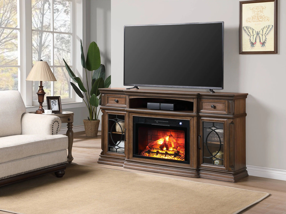 Living room with a wooden TV stand featuring an electric fireplace, television, and decorative items.