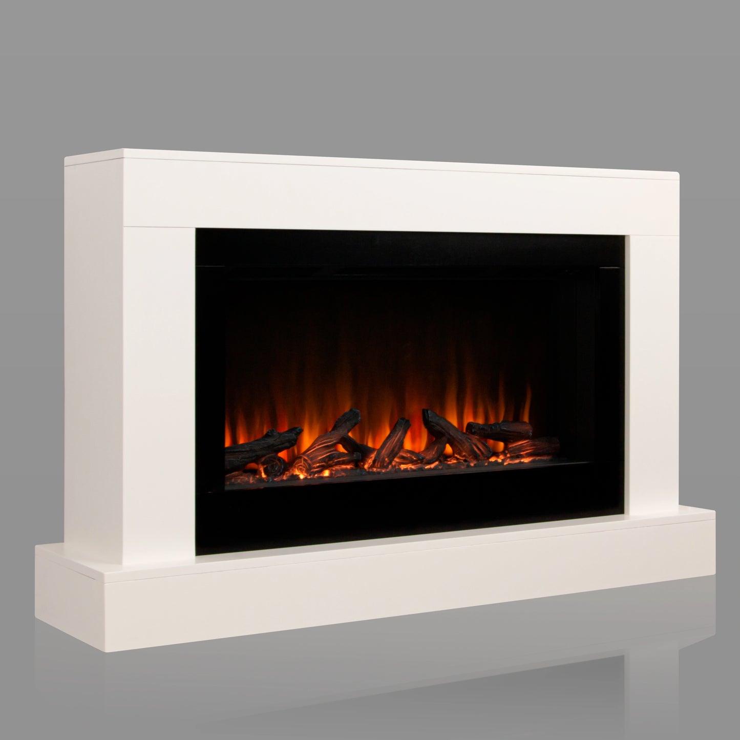 White electric fireplace with glowing logs on a gray background