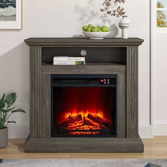 Wooden fireplace mantel with electric firelogs and decorative items on a white wall.