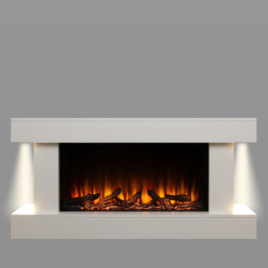 Modern electric fireplace with white surround and glowing logs on a gray background, and ambient lighting on both sides.
