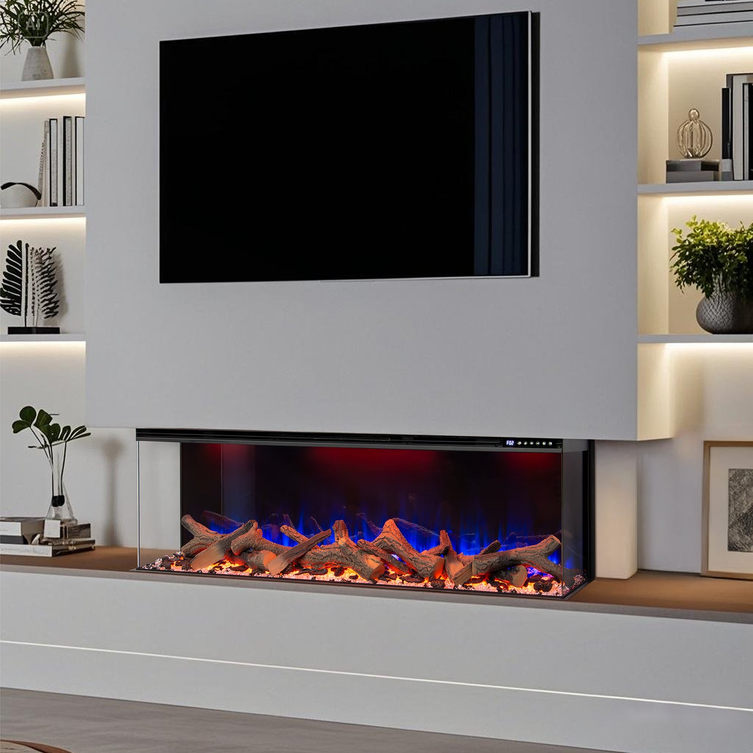 Premium three-sided electric fireplace with TV above in a living room setting