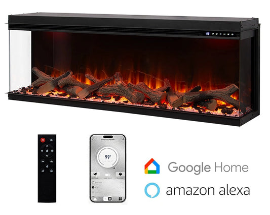 Electric fireplace with remote control and smartphone app on a white background, featuring Google Home and Amazon Alexa logos.