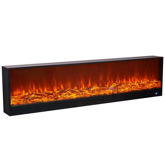Long electric fireplace with glowing logs on a white background
