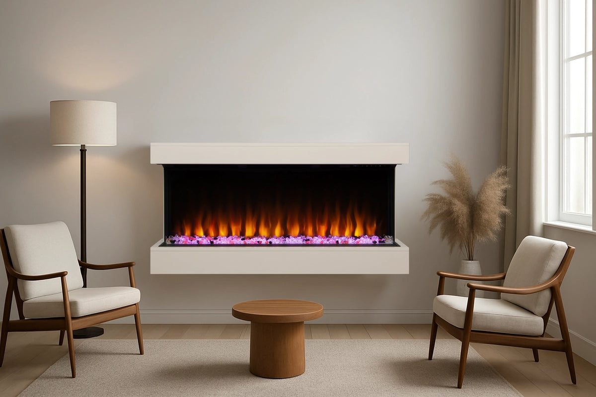 A lounge area with electric fireplace with white surround, floor lamp, lounge chairs and small coffee table.