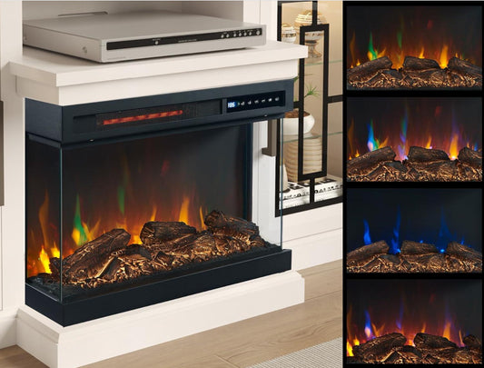 Electric fireplace insert with realistic fire and log display, inset showing close-up of flames.