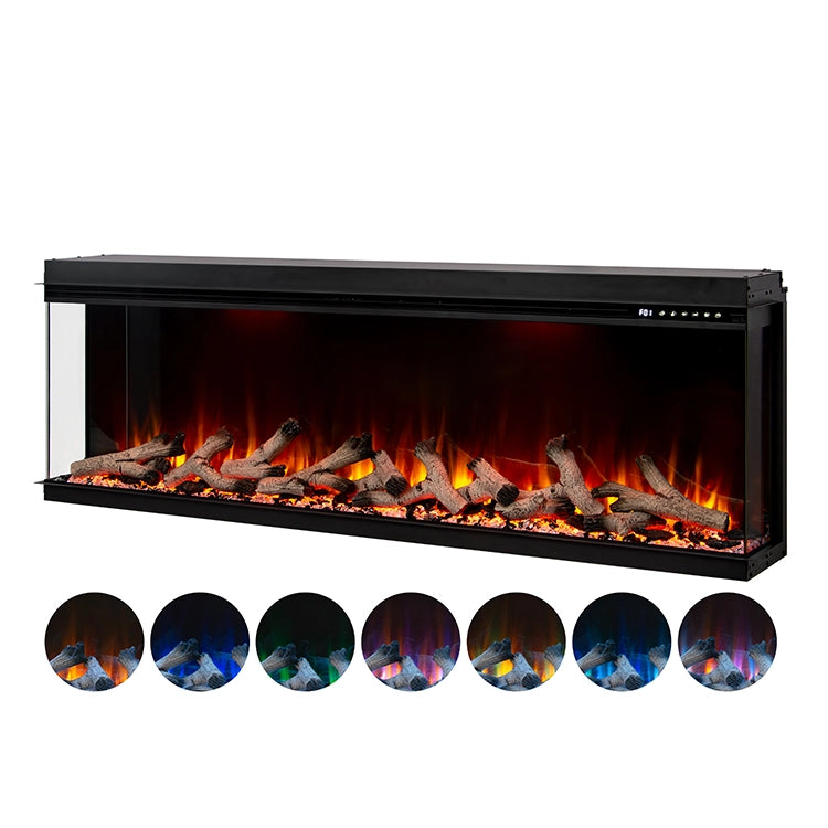 Electric fireplace with glowing logs and color-changing flames on a white background
