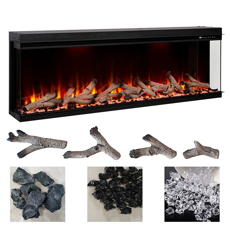 Electric fireplace with decorative logs and stones on a white background