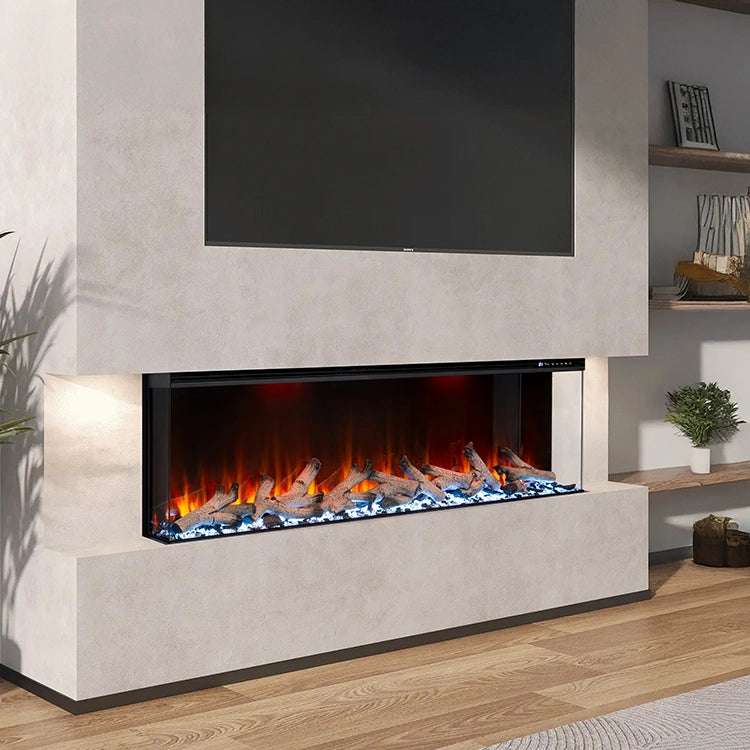 Modern 3-sided electric fireplace with TV above in a living room setting