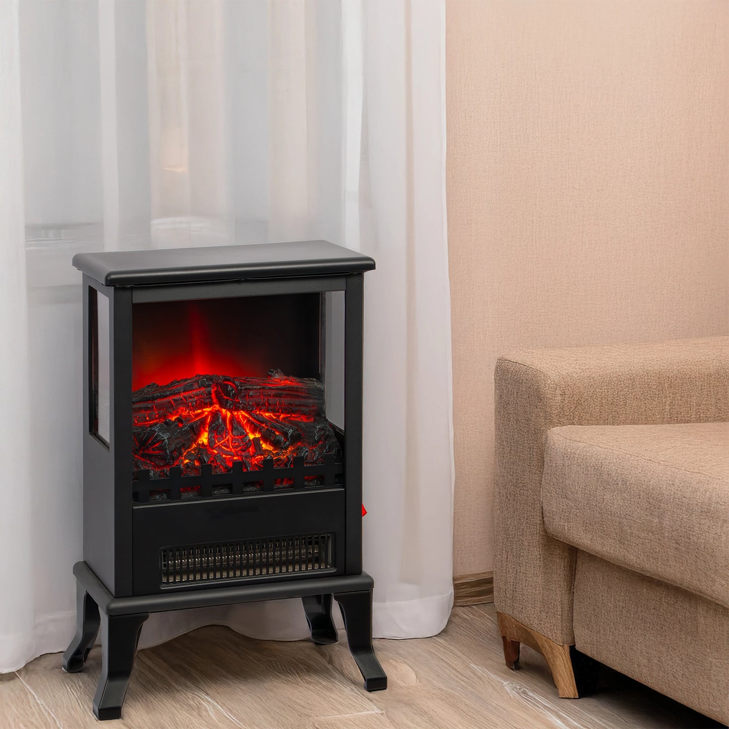 Electric fireplace heater in a living room setting with a beige sofa and white curtains.