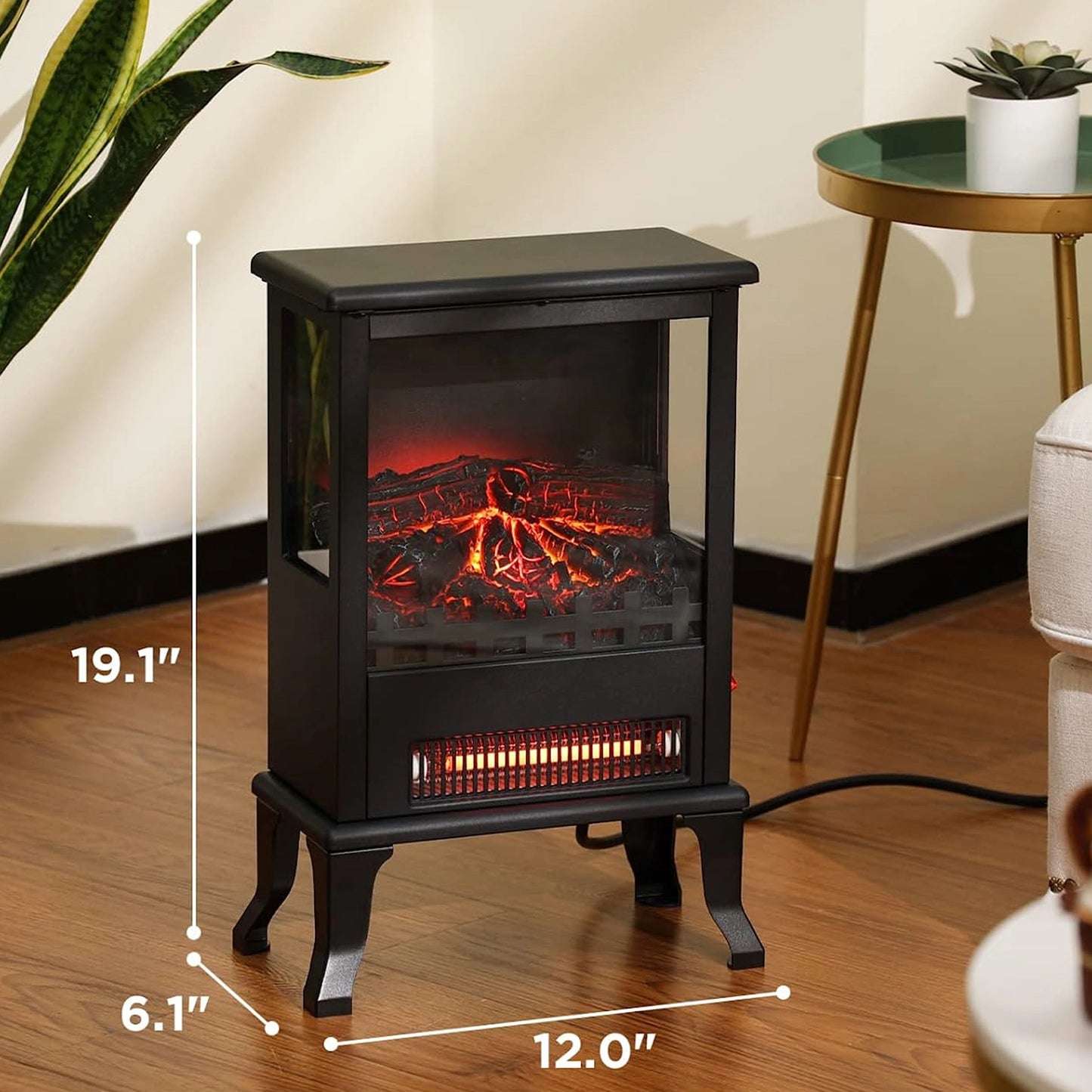 Small electric stove with glowing interior on a wooden floor, surrounded by decor elements.