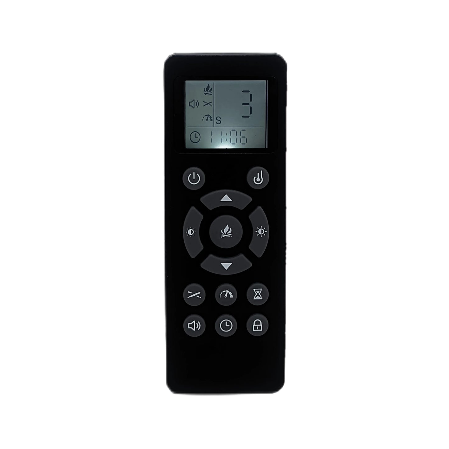 Black remote control with display and buttons on a white background