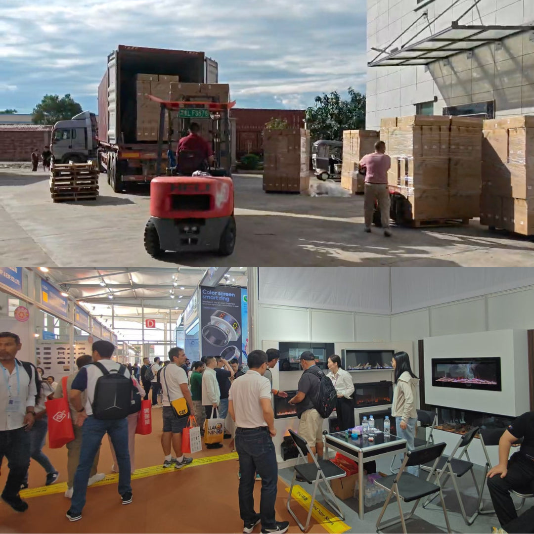 Factory workers loading electric fireplaces into containers, and Zihan Fireplace team meeting B2B buyers at the Canton Fair.