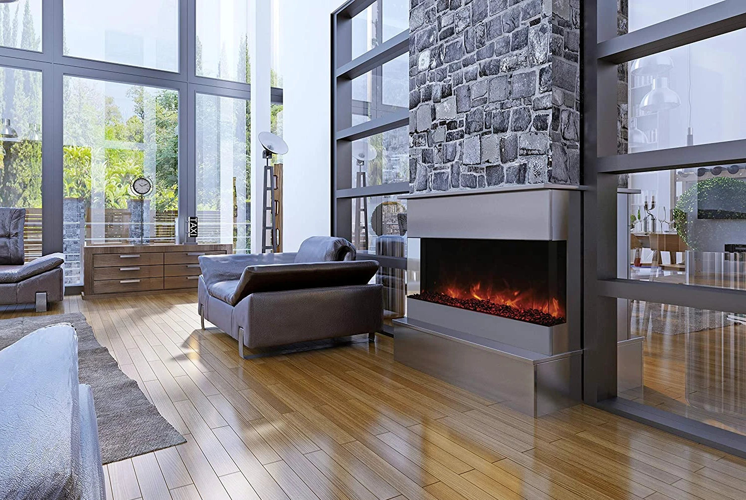 Modern 3-sided electric fireplace installed in a gray brick feature wall, creating a stylish and cozy living space. Ideal for residential and hospitality projects.