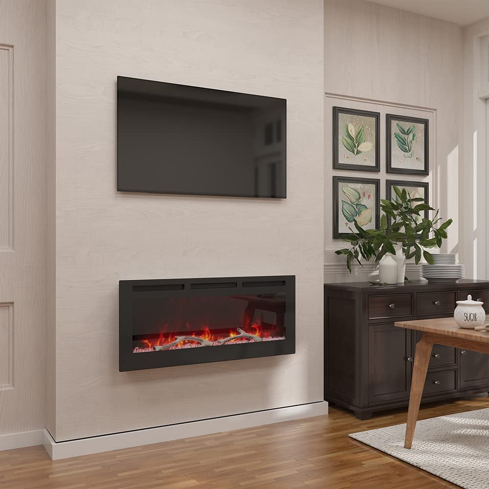 Modern living room with a wall-mounted electric fireplace and television.