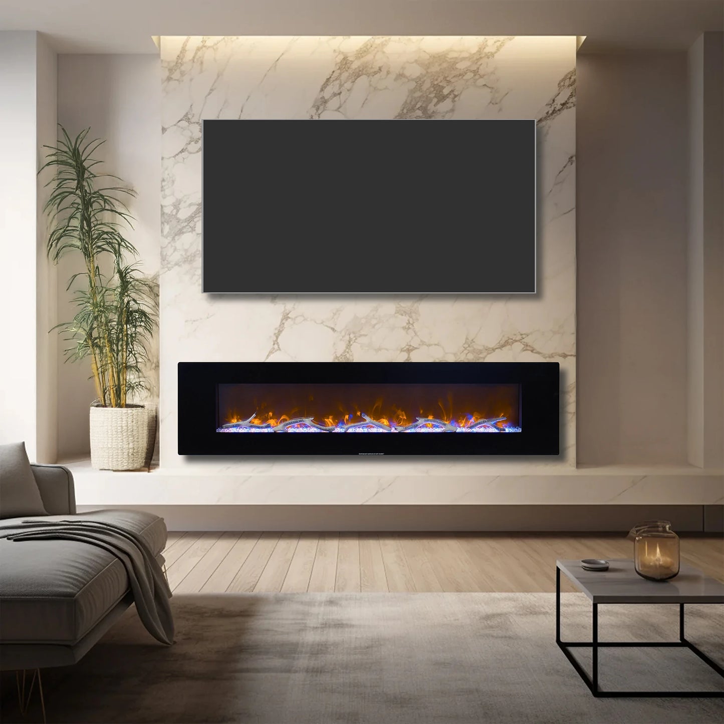 Modern living room with electric fireplace and flat-screen TV on marble wall
