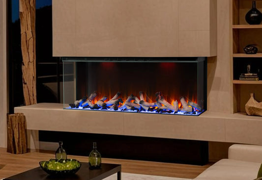 Modern living room with three-sided electric fireplace nd decor