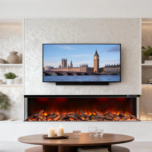 A media wall with TV + fireplace, showing the proportions clearly.