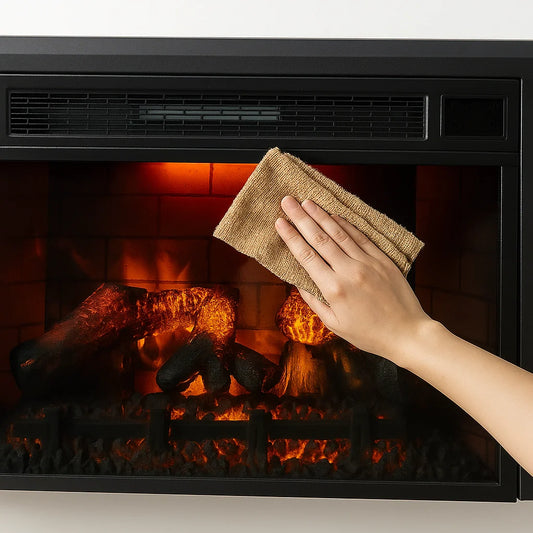 Cleaning the glass front of an electric fireplace with a soft cloth