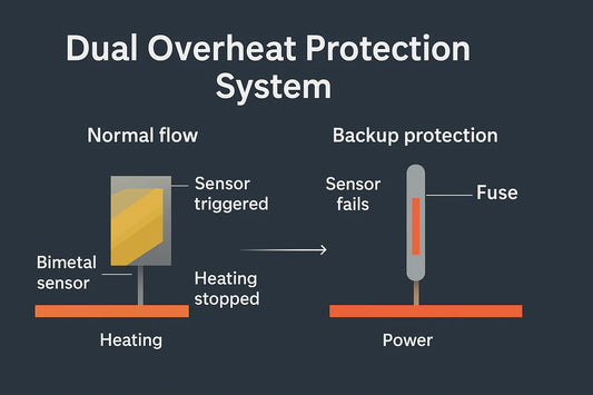 Dual-layer safety process for electric fireplace overheating protection.