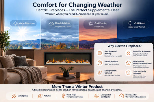 Electric fireplaces for supplemental heating during changing weather and transitional seasons