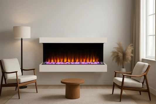 Modern living room with lounge chairs, accent table, floor lamp and electric fireplace for home décor