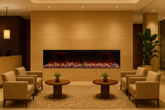  A hotel lobby lounge area with an electric fireplace embedded in a wall.