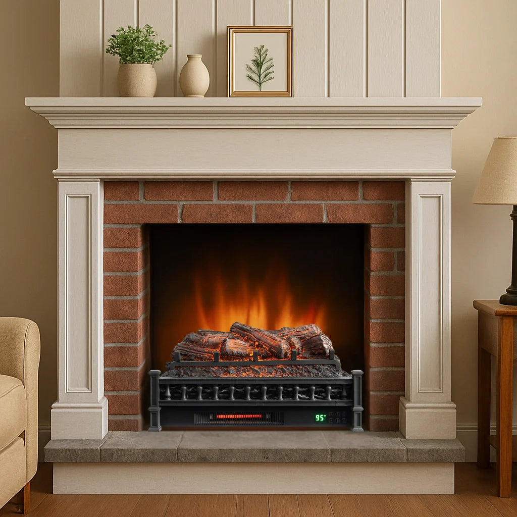 Fireplace with electric firelogs, decorative items on mantel, and a lamp on a side table.