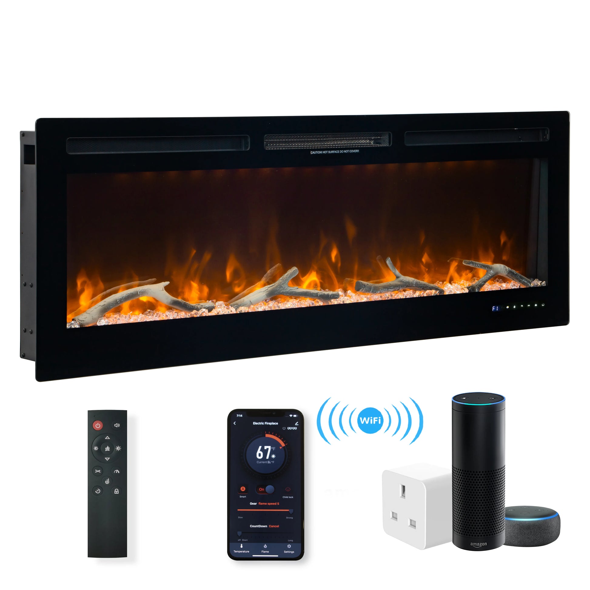 Electric fireplace with remote control, smartphone, and smart speakers on a white background