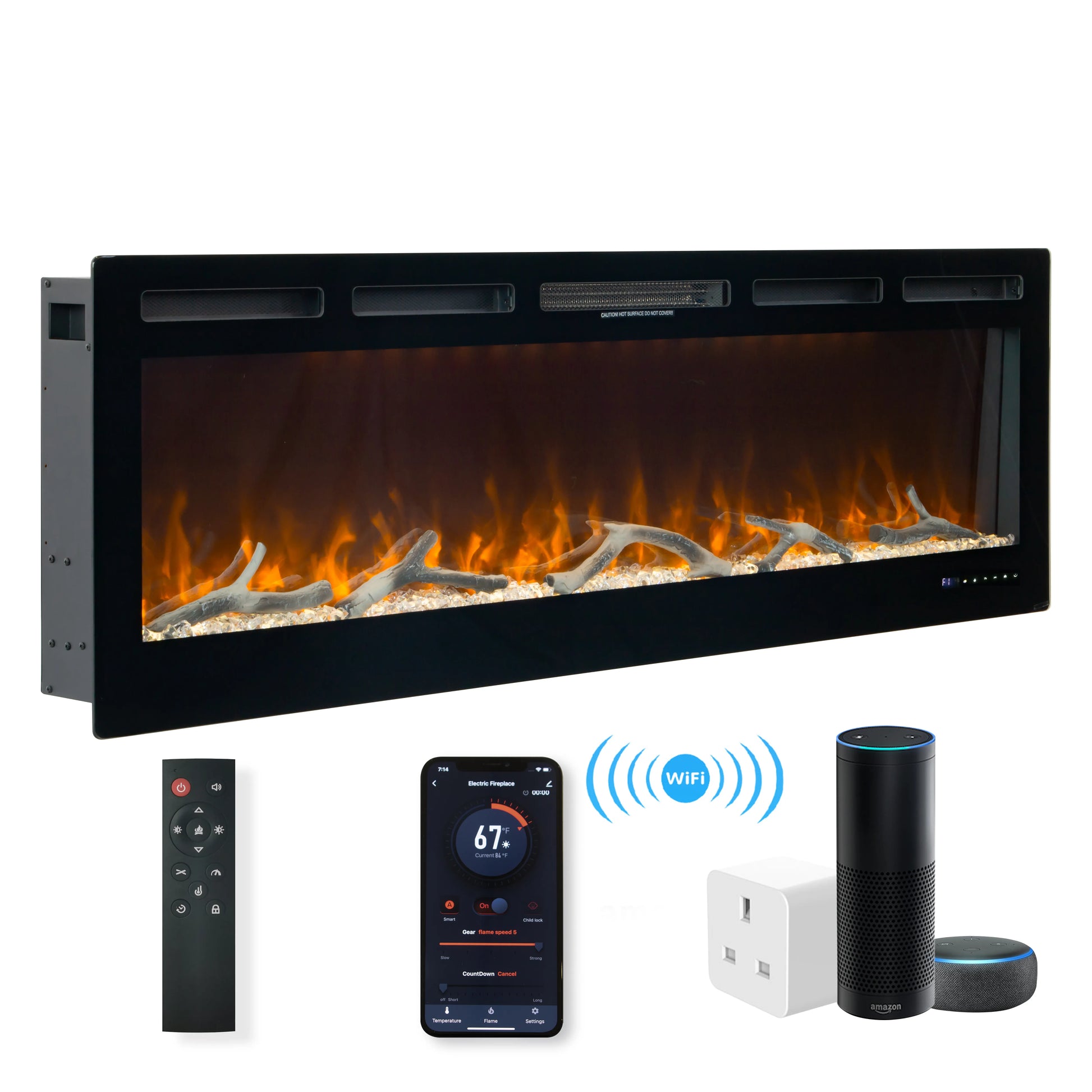 Electric fireplace with remote control, smartphone, and smart speaker on a white background