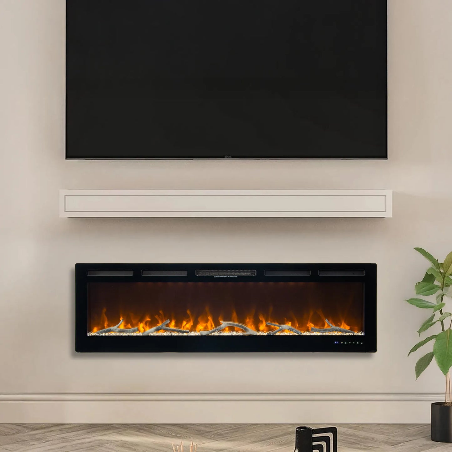 Electric fireplace with built-in TV above it in a living room setting.