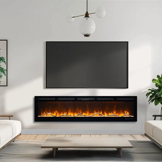 Modern living room with electric fireplace and flat-screen TV on a white wall.