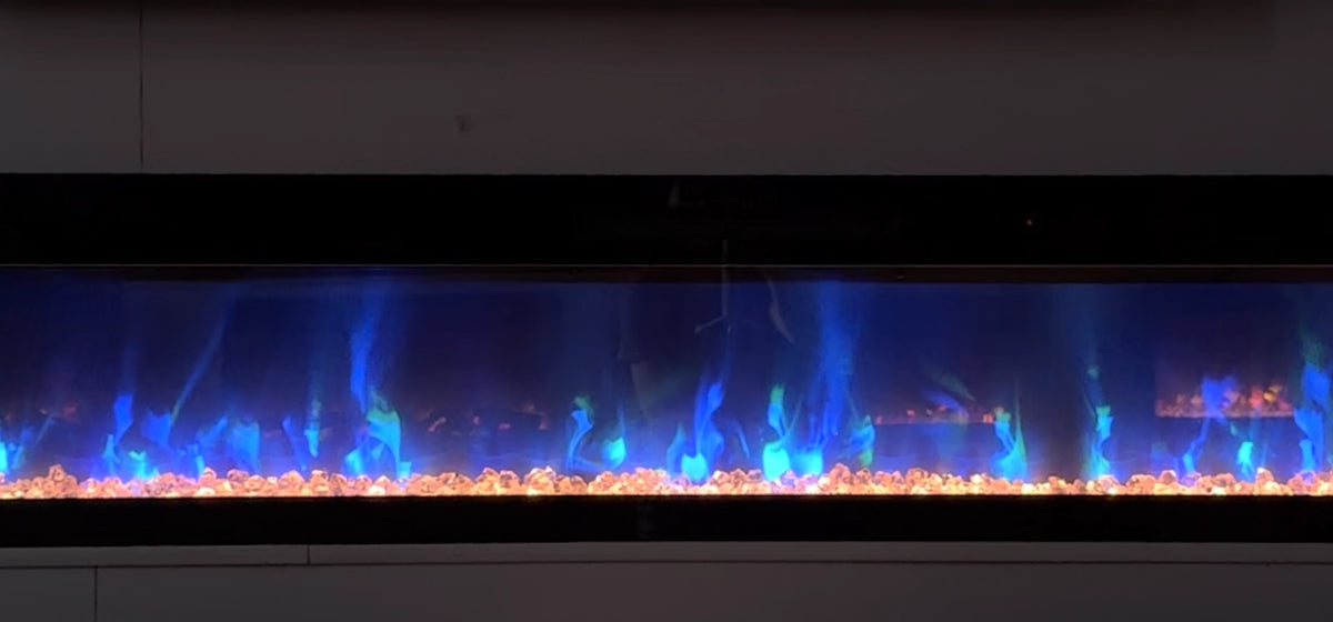 Load video: Electric fireplace displaying different flame effects automatically in a continuous cycle, demonstrating a hands-free showroom display feature.