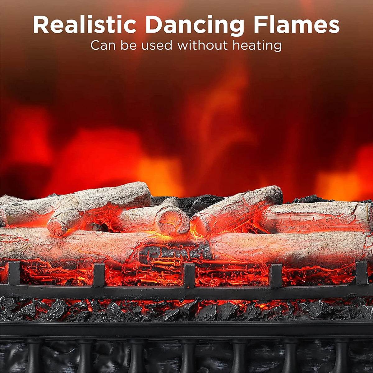 Realistic dancing flames in a fireplace with text indicating they can be used without heating.