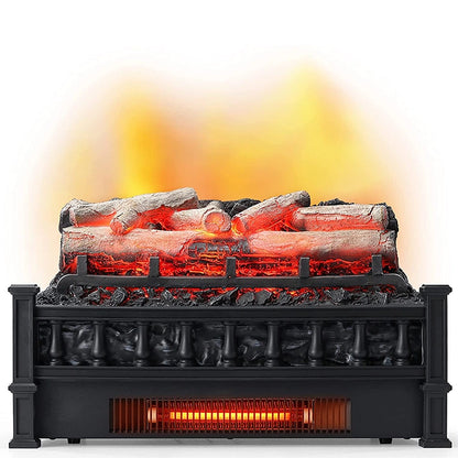 Electric fireplace log sets with glowing logs and flames on a white background