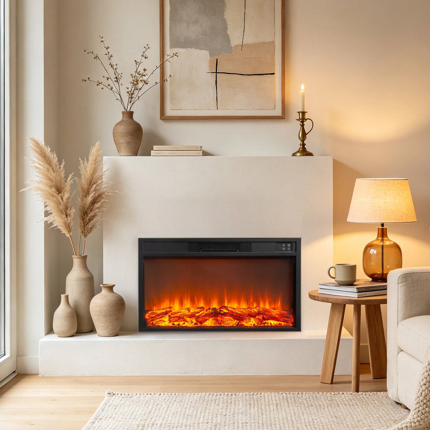 An electric fireplace insert with glowing orange flames and faux logs, set into a white mantel in a warm, modern living room with decorative vases, a side table, and a lamp.