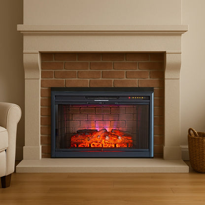 Electric fireplace insert with glowing logs inside a beige brick surround, flanked by a chair and basket.