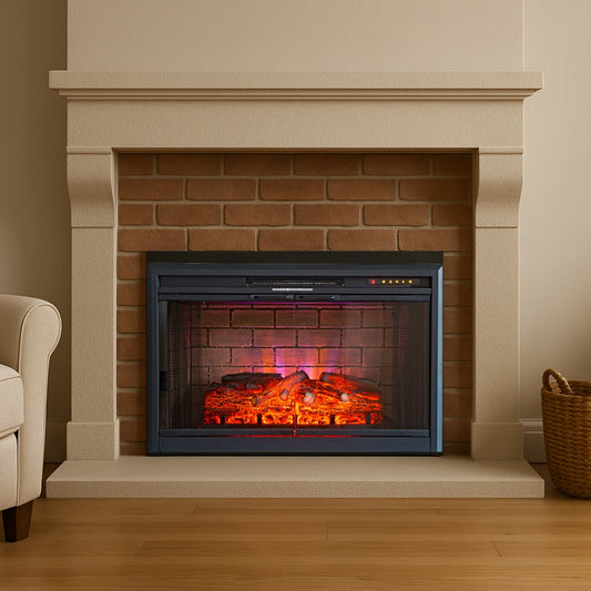 Electric fireplace insert with glowing logs inside a beige brick surround, flanked by a chair and basket.