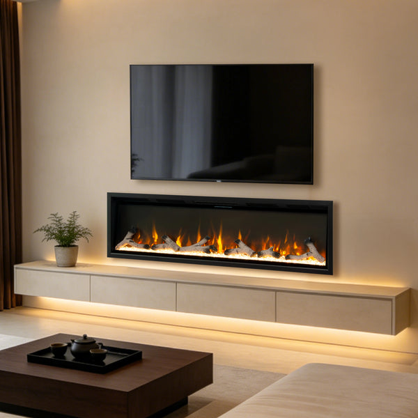 A modern wall-mounted linear fireplace with glowing orange and yellow flames, installed above a low floating console in a minimalist living room setting with a TV on the wall.