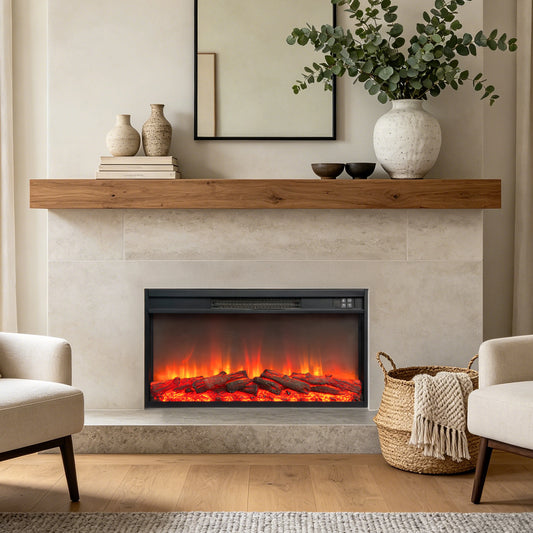 An electric fireplace insert with glowing orange and red faux logs, set in a modern living room with a stone surround, wooden mantel, and neutral-toned furniture.