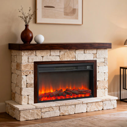 EmberVault 30-inch electric fireplace insert installed in a beige stone surround with dark wood mantel, showing realistic glowing LED logs and flames in a modern living room setting.