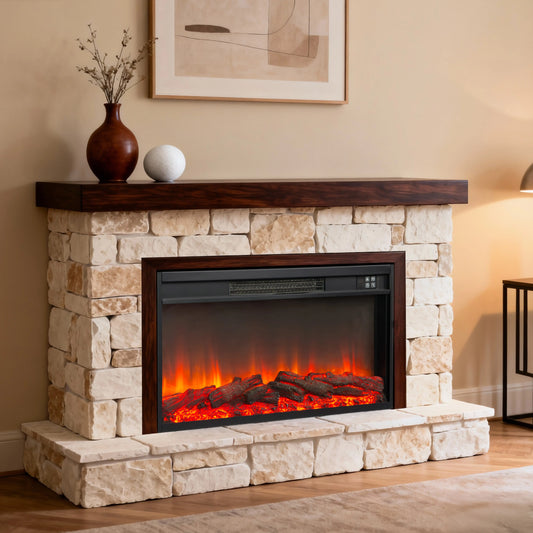 EmberVault 30-inch electric fireplace insert installed in a beige stone surround with dark wood mantel, showing realistic glowing LED logs and flames in a modern living room setting.
