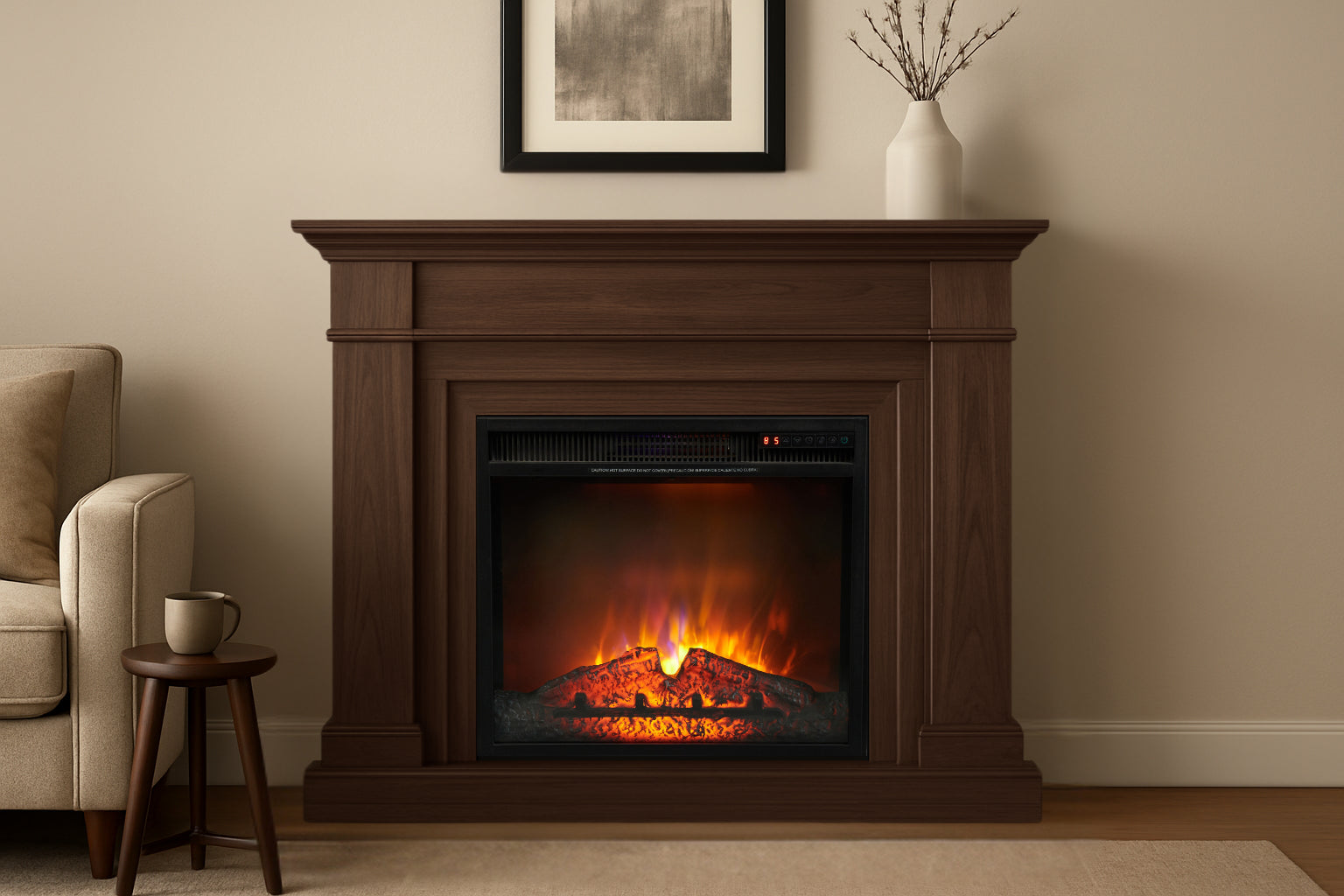 Wooden electric fireplace with glowing logs in a living room setting.