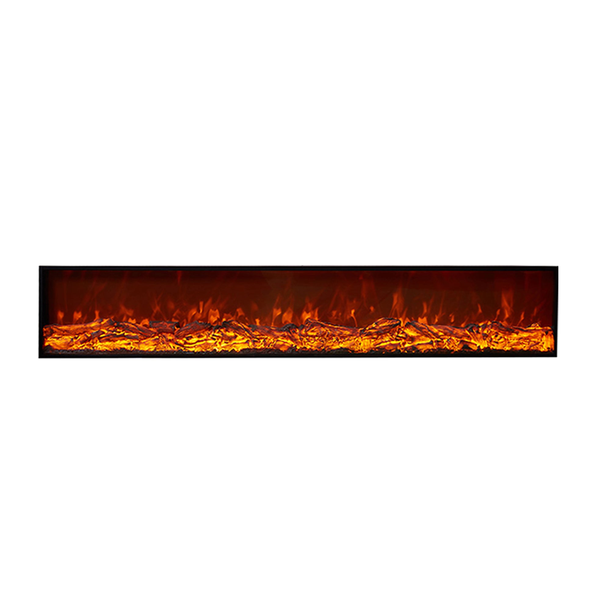 Rectangular electric fireplace insert with glowing flames on a white background