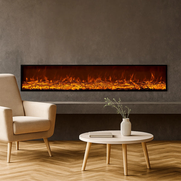 Modern living room with a wall-mounted electric fireplace, beige armchair, and wooden coffee table.